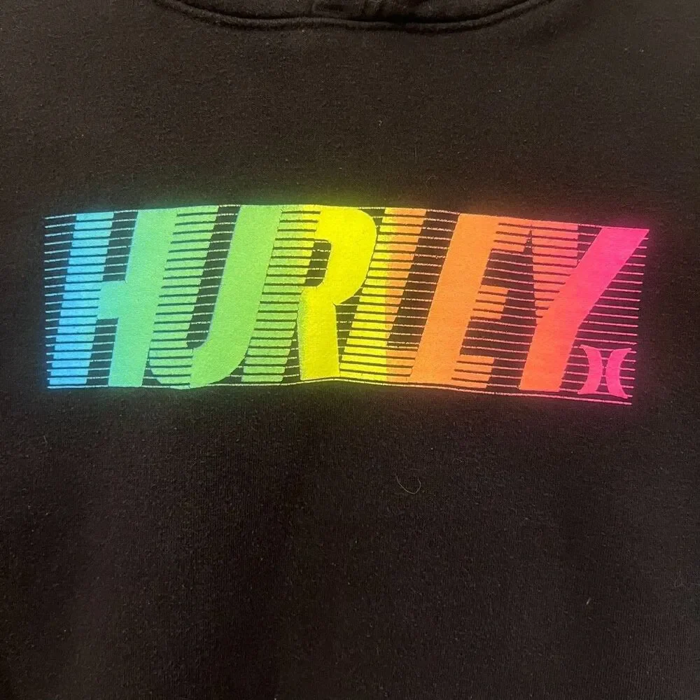 Hurley Boys Youth XL 13-15 Black Rainbow Neon Spellout Graphic Hoodie Sweatshirt